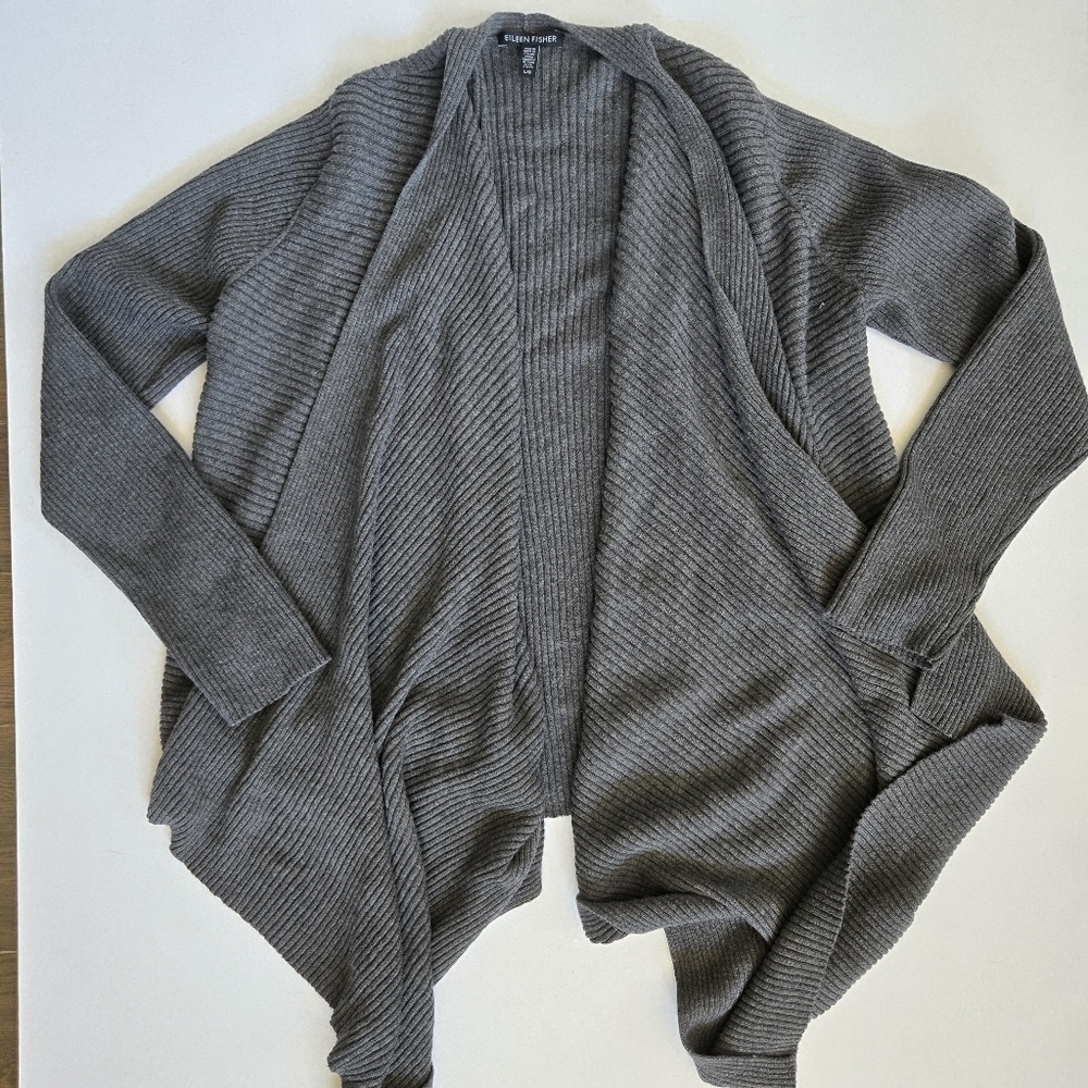 Eileen Fisher Women’s 100% italien Wool Ribbed Open Front Cardigan Sweater sz L